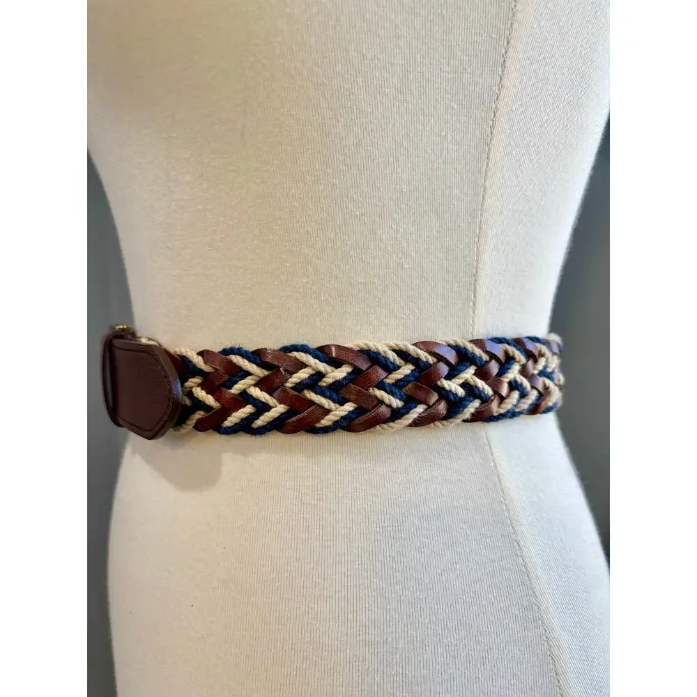 Vintage Boho Brown Leather Belt Gold Brass Buckle Mixed Braided, Men's XL
